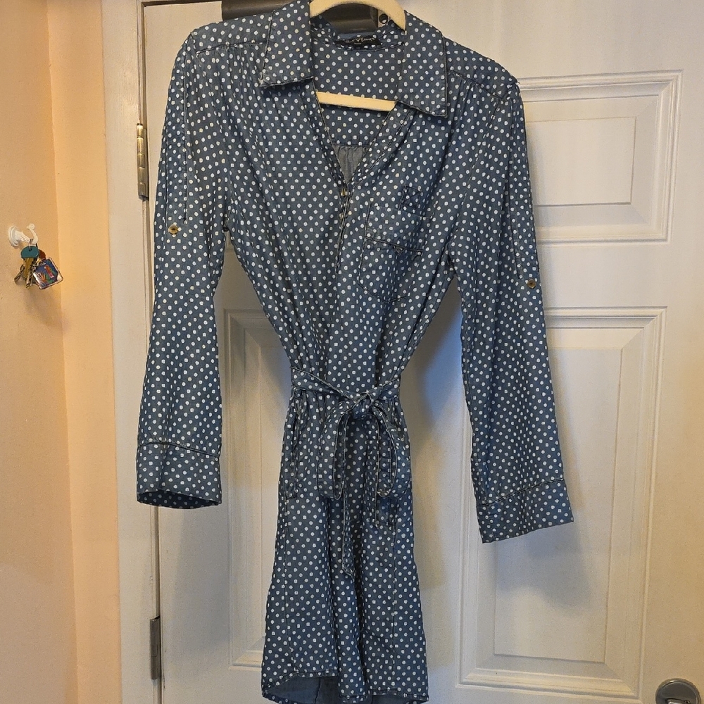 Great Denim Polka Dot Dress.Long Roll Sleeve,Elastic Waist,Attached Belt,Pockets